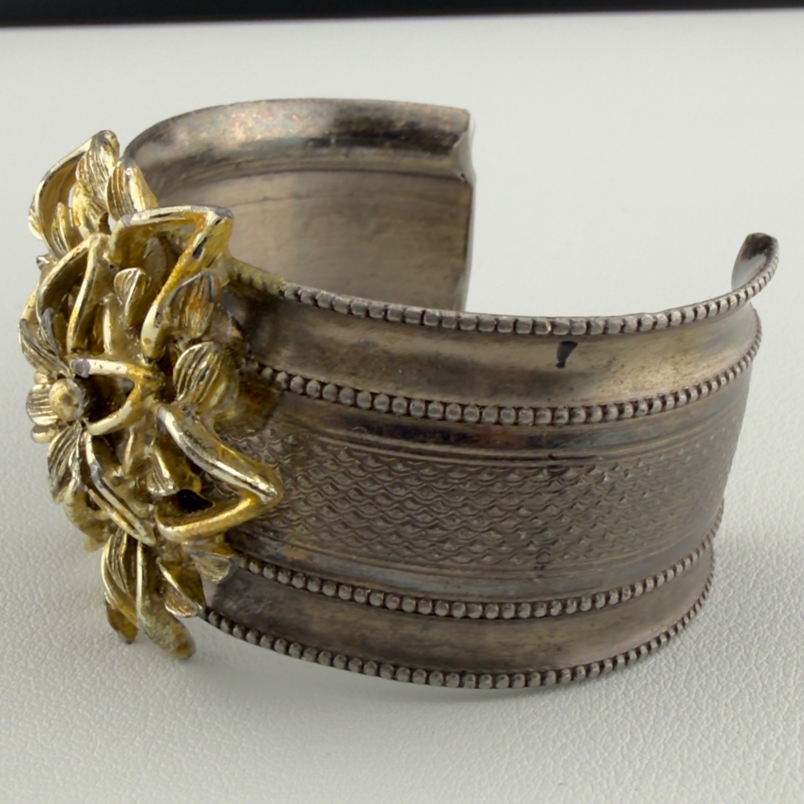 Vintage Cuff Statement Bracelet Aged Gold Tone Flower Silver Tone Patina Wide