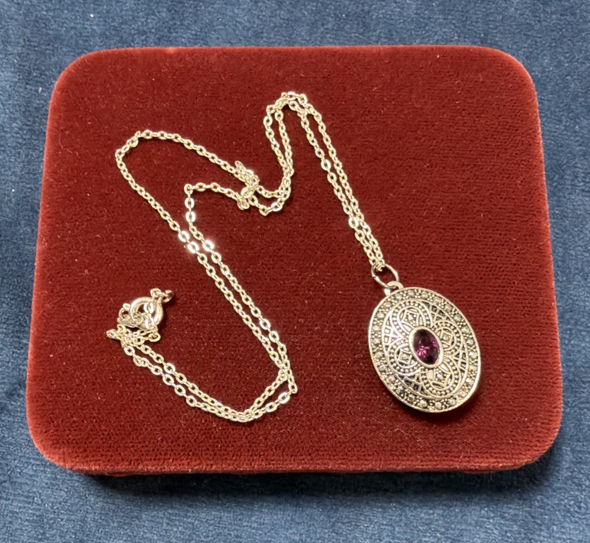 Vintage Ornate Oval Locket Necklace 18” Chain Center Purple Stone Silver Tone 1″