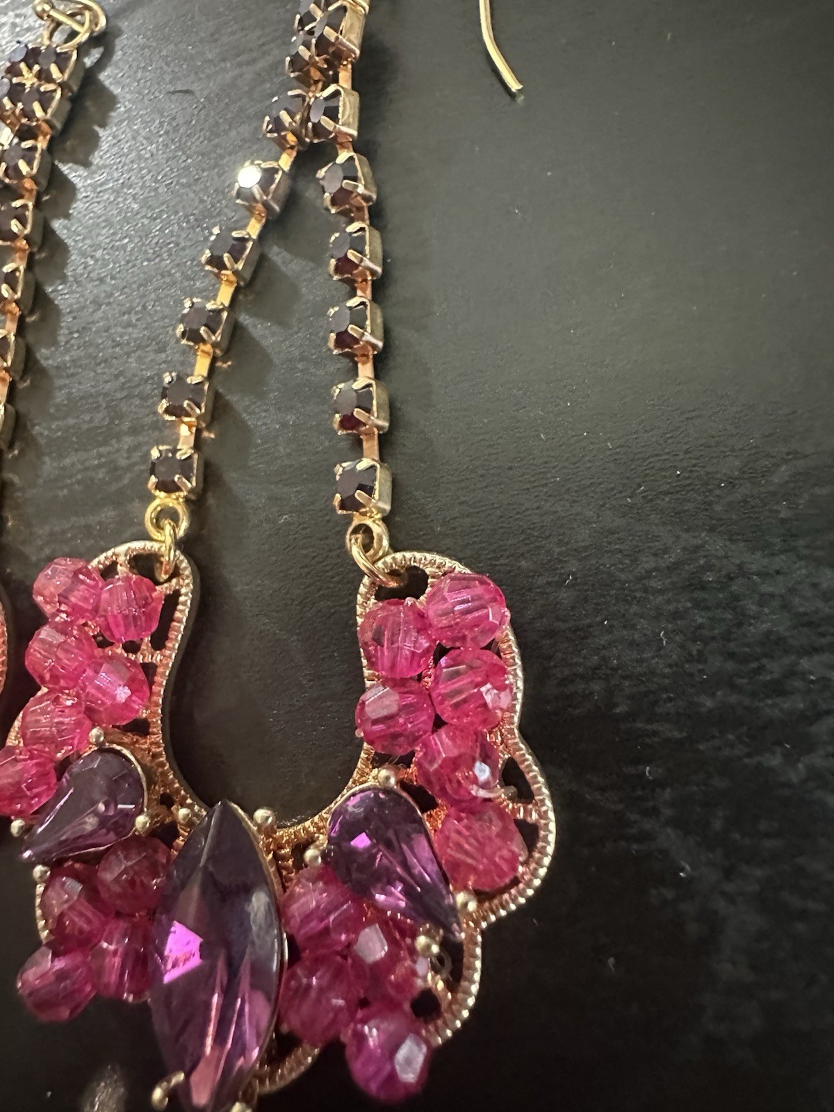 Nice Vintage Gold Tone Pink Purple Deep Red Rhinestone Dangle Hook Earrings