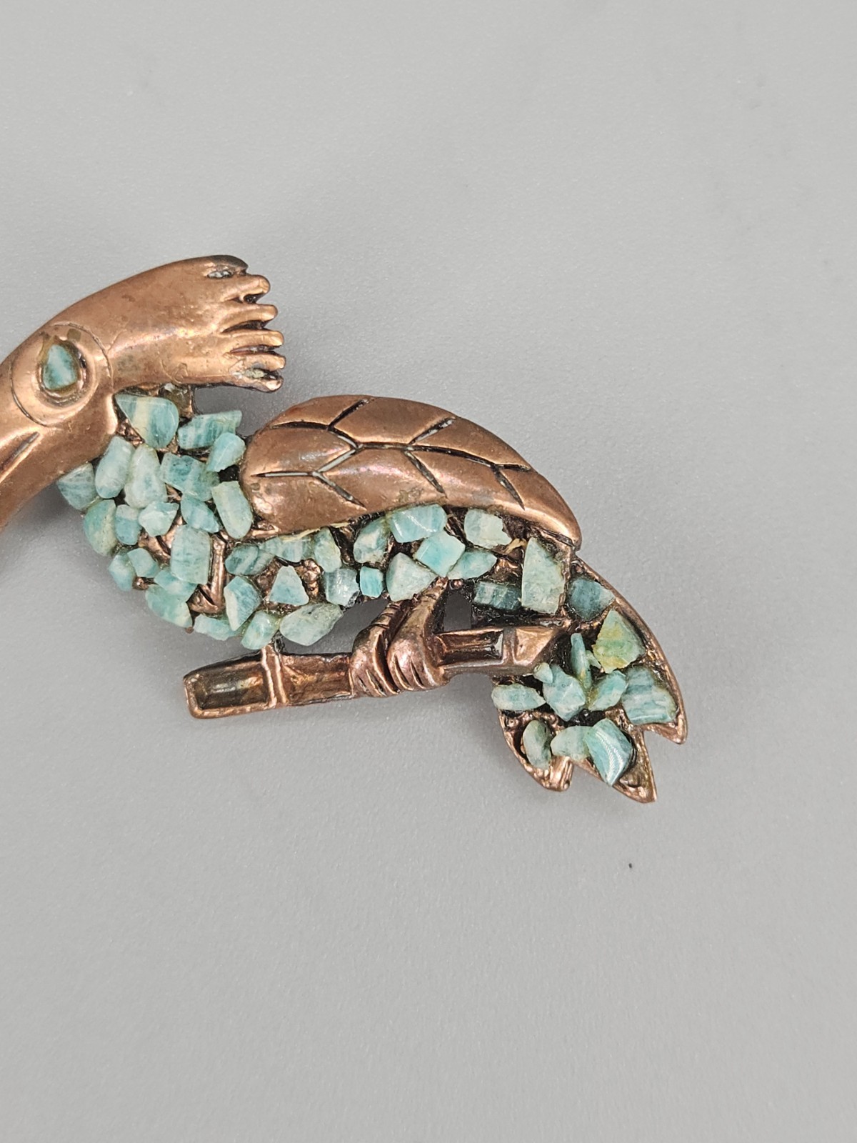 Vintage Copper Toucan Turquoise Chip Inlay Brooch MCM Jewelry Pin