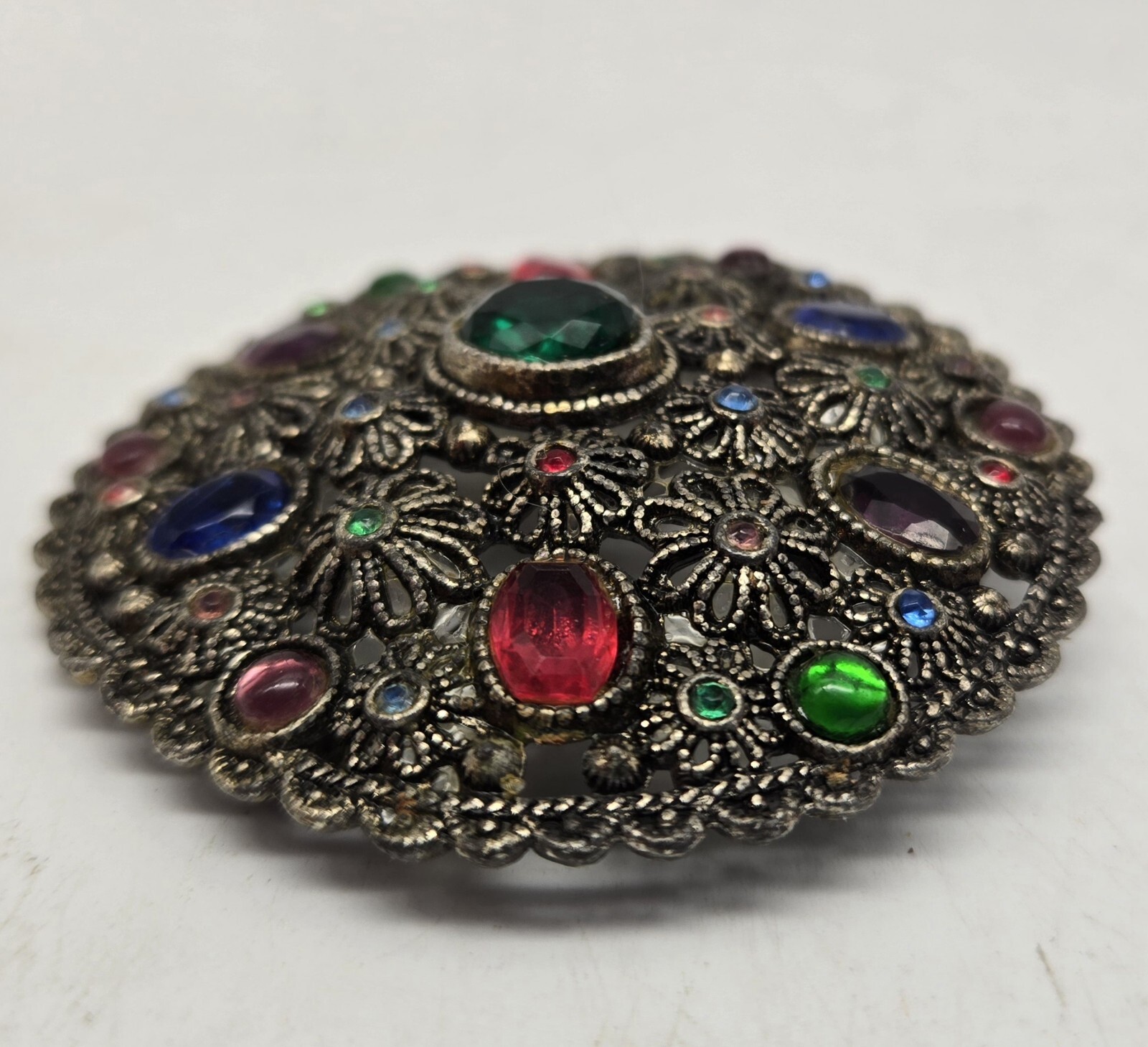 Antique New England Glass Works Rhinestone Brooch Filigree Vtg Signed Goblet