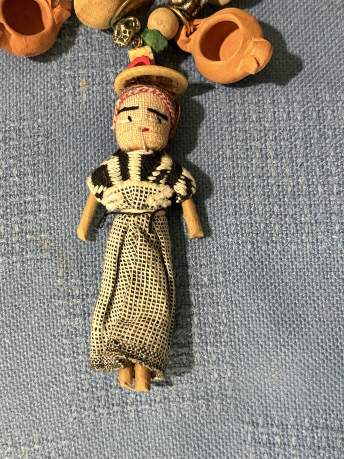VTG Handmade Worry Doll Clay Pots Wood Metal NECKLACE Guatemala