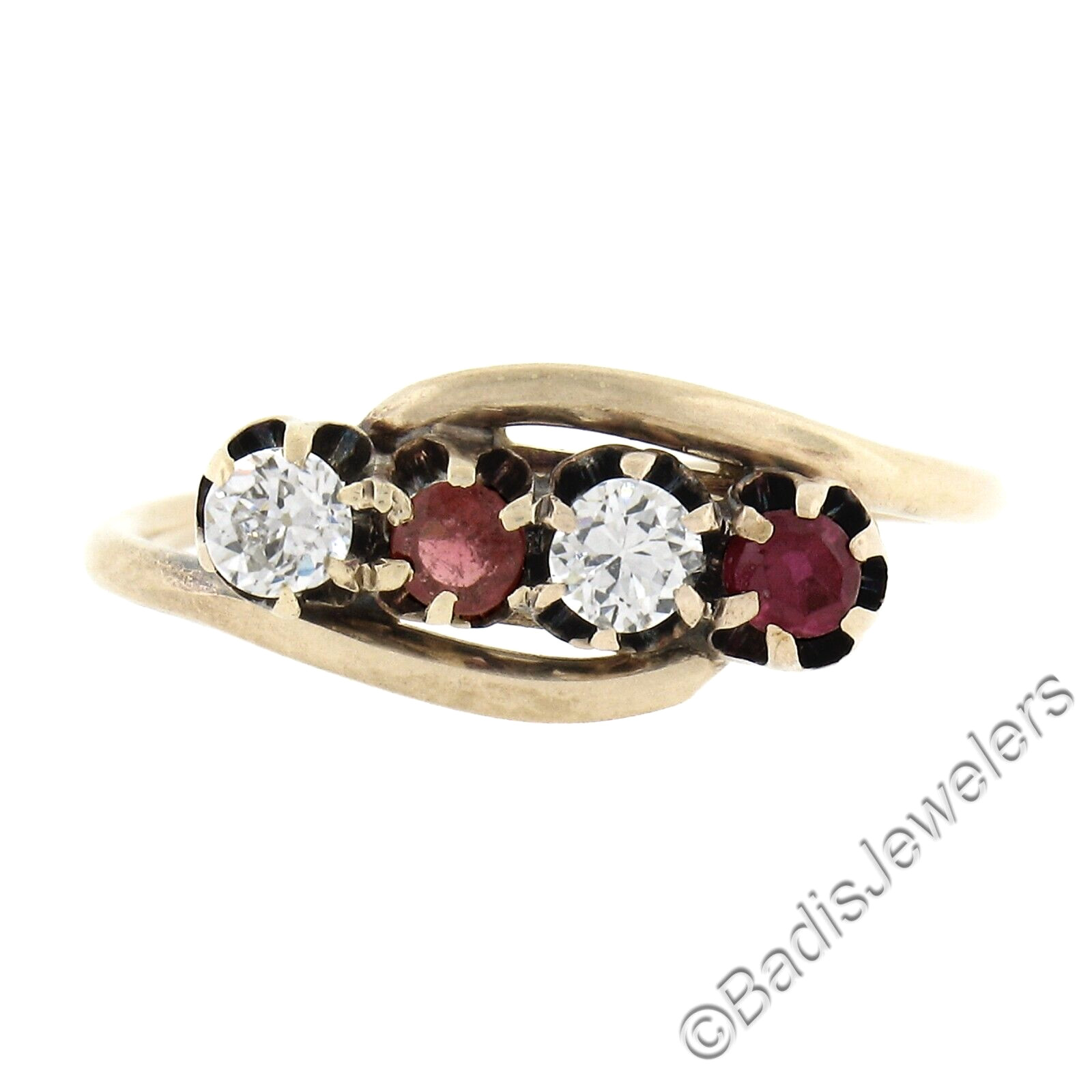 Antique Victorian 14k Gold Buttercup Lab Created Ruby 0.20ctw Diamond Band Ring