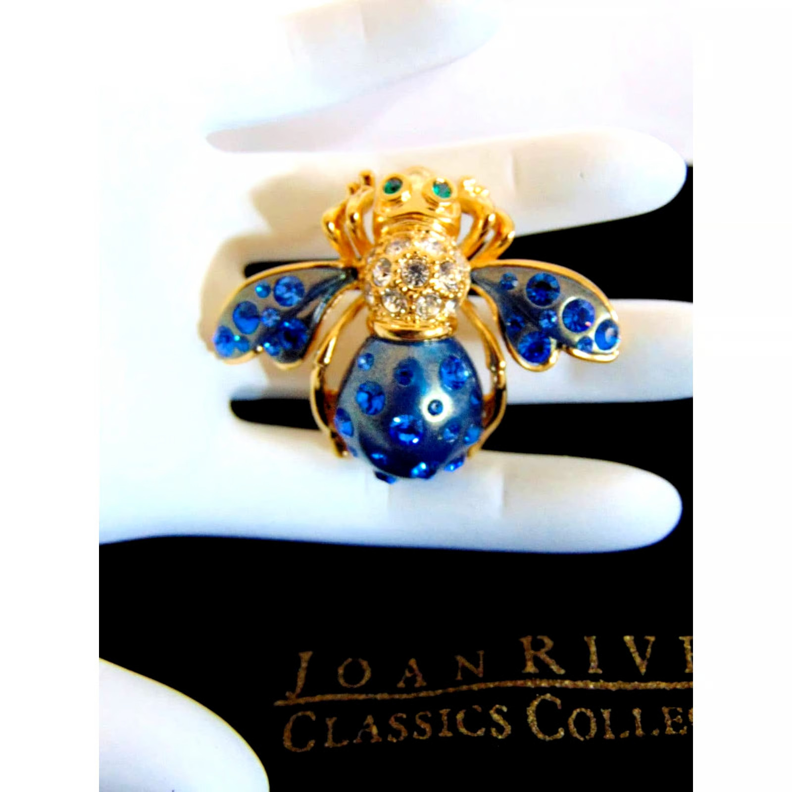 VTG Joan Rivers Blue Crystal COSMIC BEE PIN Brooch Enameled Gold Green Eyes