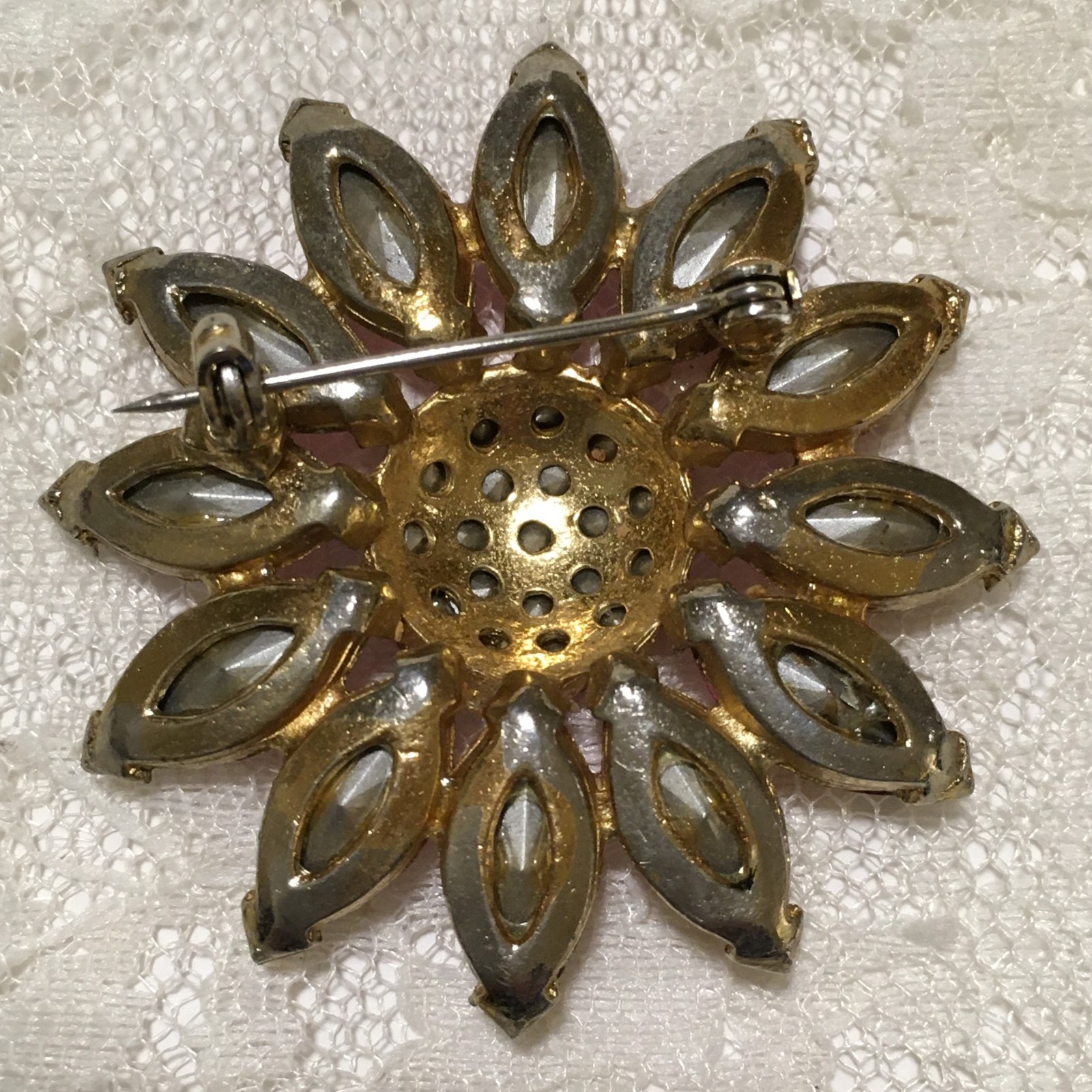 Vintage Pot Metal Brooch Gold Tone Pink Rhinestone Spring Jewelry