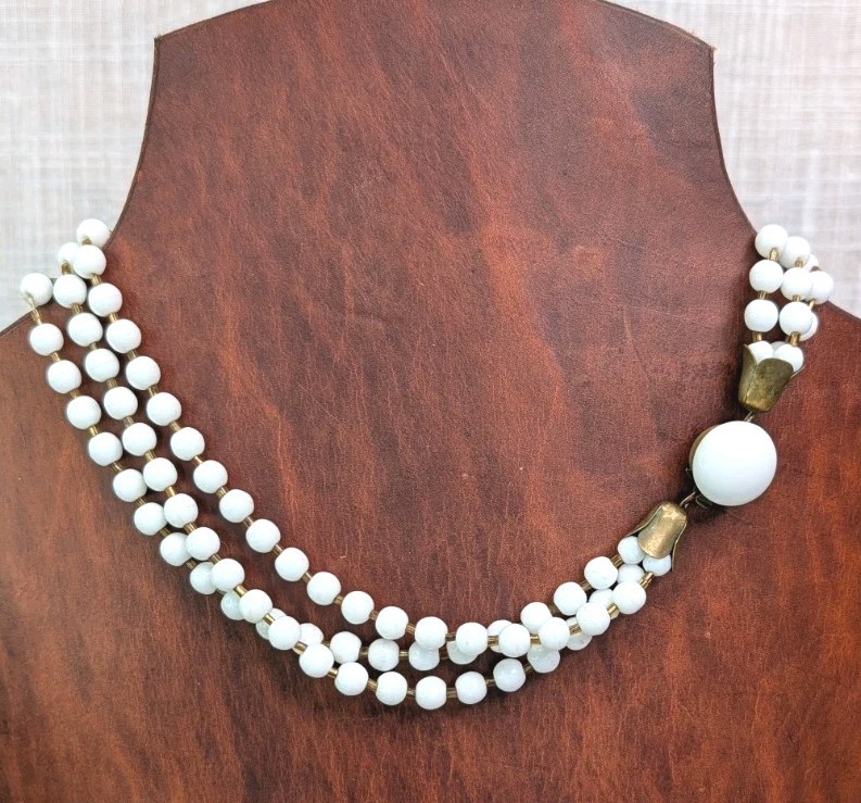1950s Milk Glass Necklace Triple Strand With Brass Tulip Caps Glass Clasp 16.5in