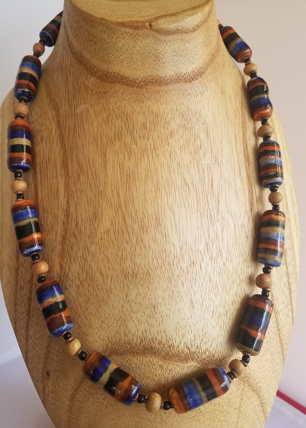 Vintage Ceramic Bead Necklace Orange Blue Brown Stripe Wood Beads Earth Tones