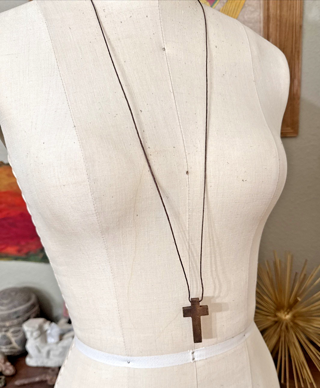 Vintage 80s Cross INRI Necklace Pendant Rosary OLIVE WOOD Hemp Cord COLLECTIBLE