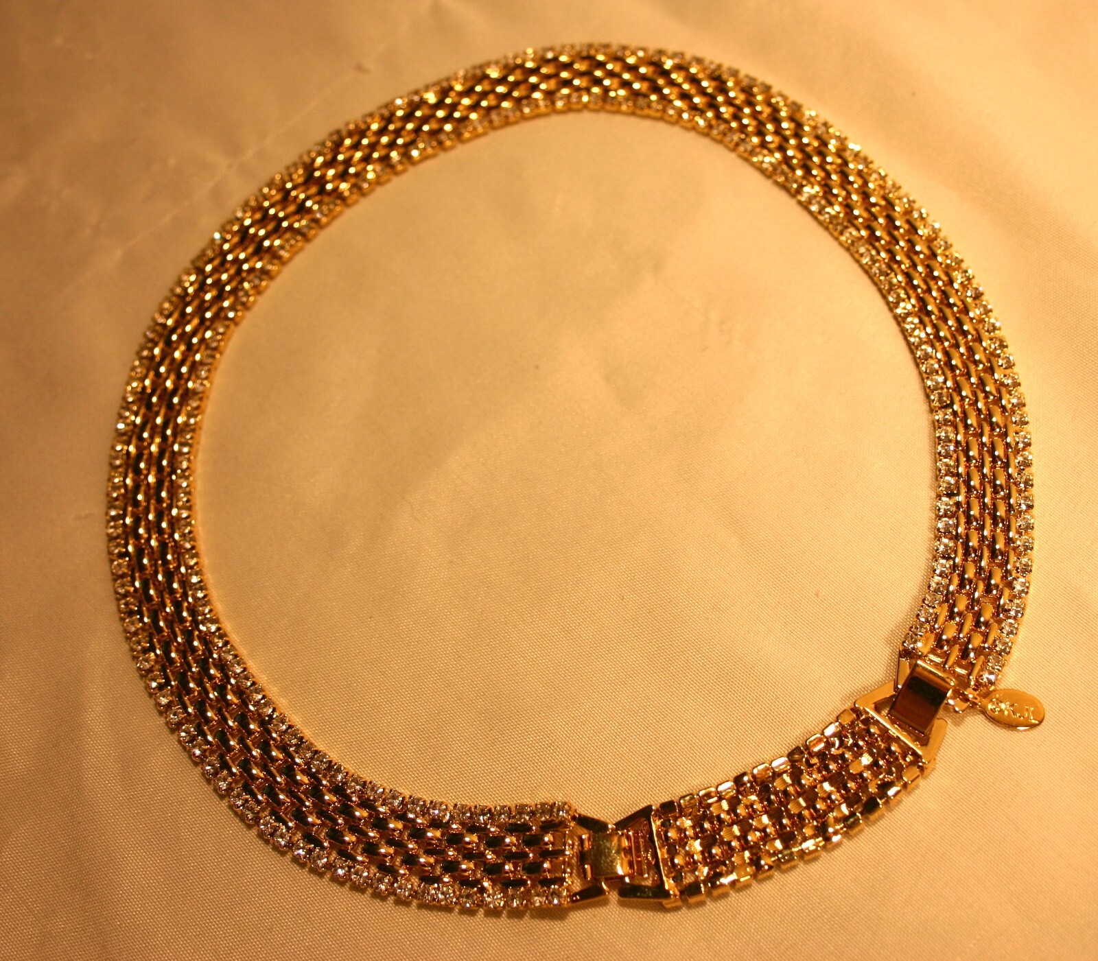 Vintage Kenneth J. Lane Bright Gold Tone Collar Necklace Rhinestones 90’s