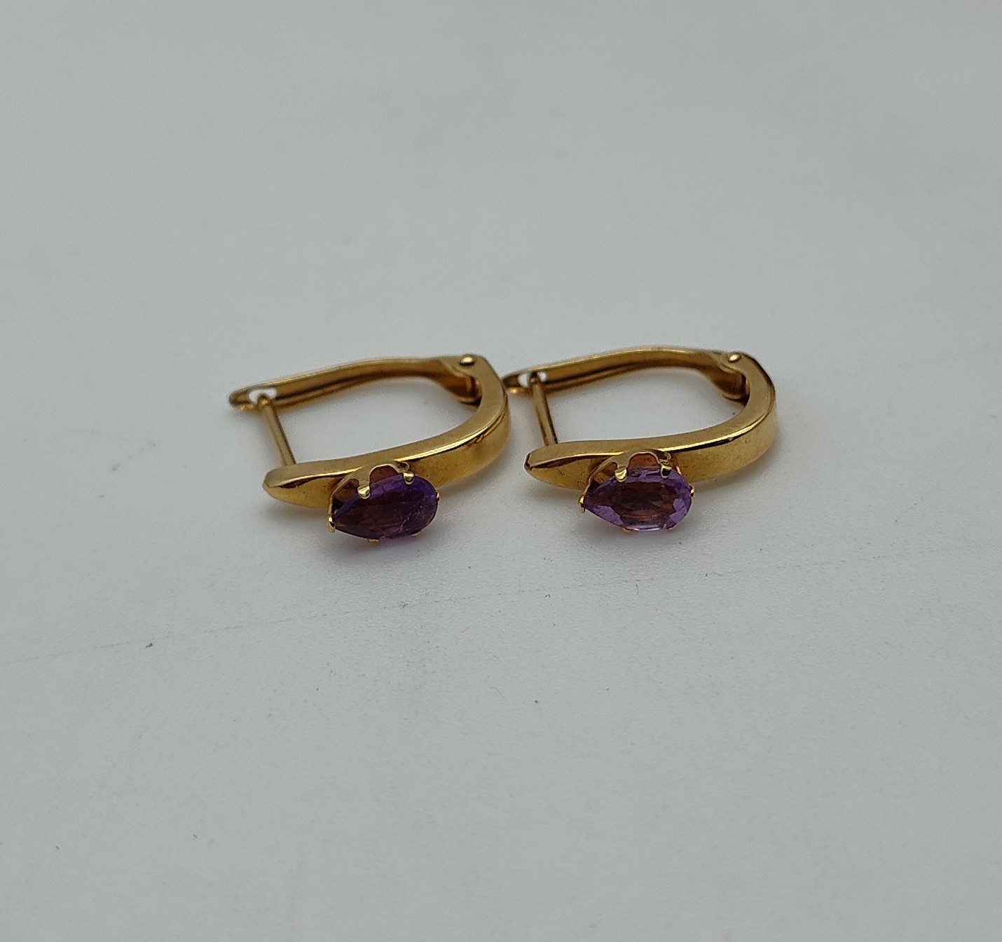 Vtg Hoop Amethyst Teardrop Stone 14k Solid Yellow Gold Post Earrings Dangle Drop