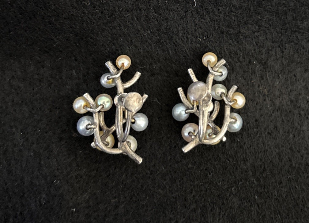 Vintage Ming’s Screwback Earrings; Silver Blue & White Akoya Pearls.