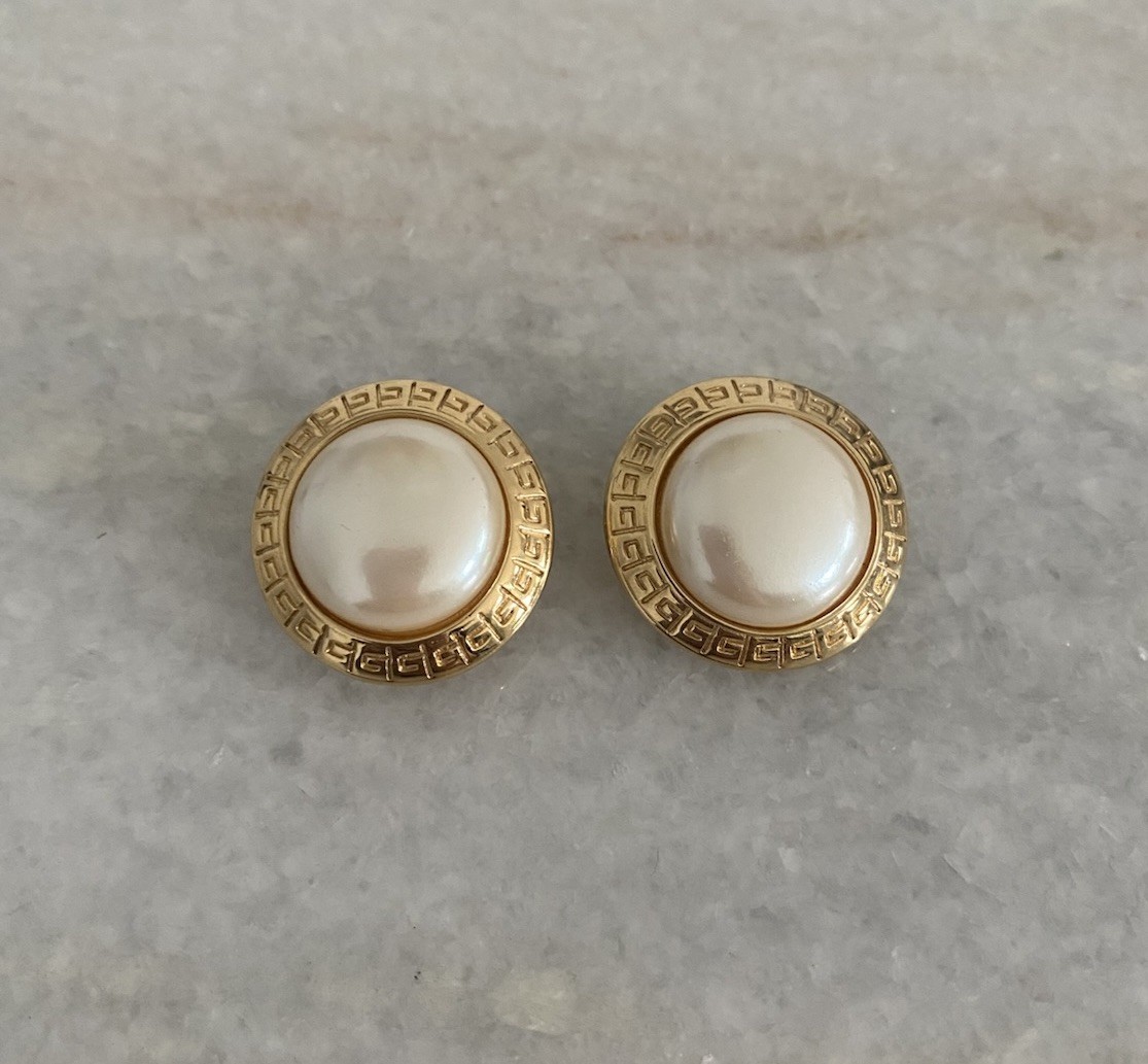 Vintage Classic Logo Givenchy Gold Pearl Cabochon Clip Earrings Paris New York