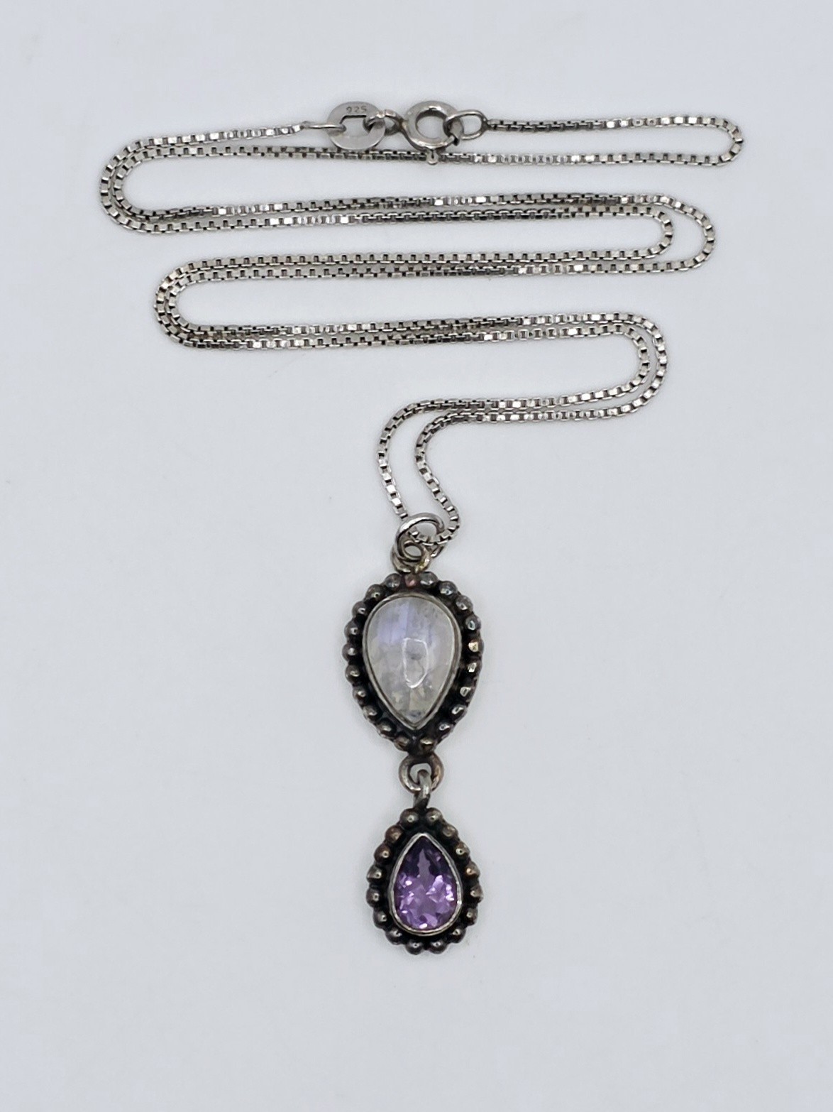 Vintage 925 Sterling Silver Moonstone Amethyst Teardrop Pendant Necklace 18″