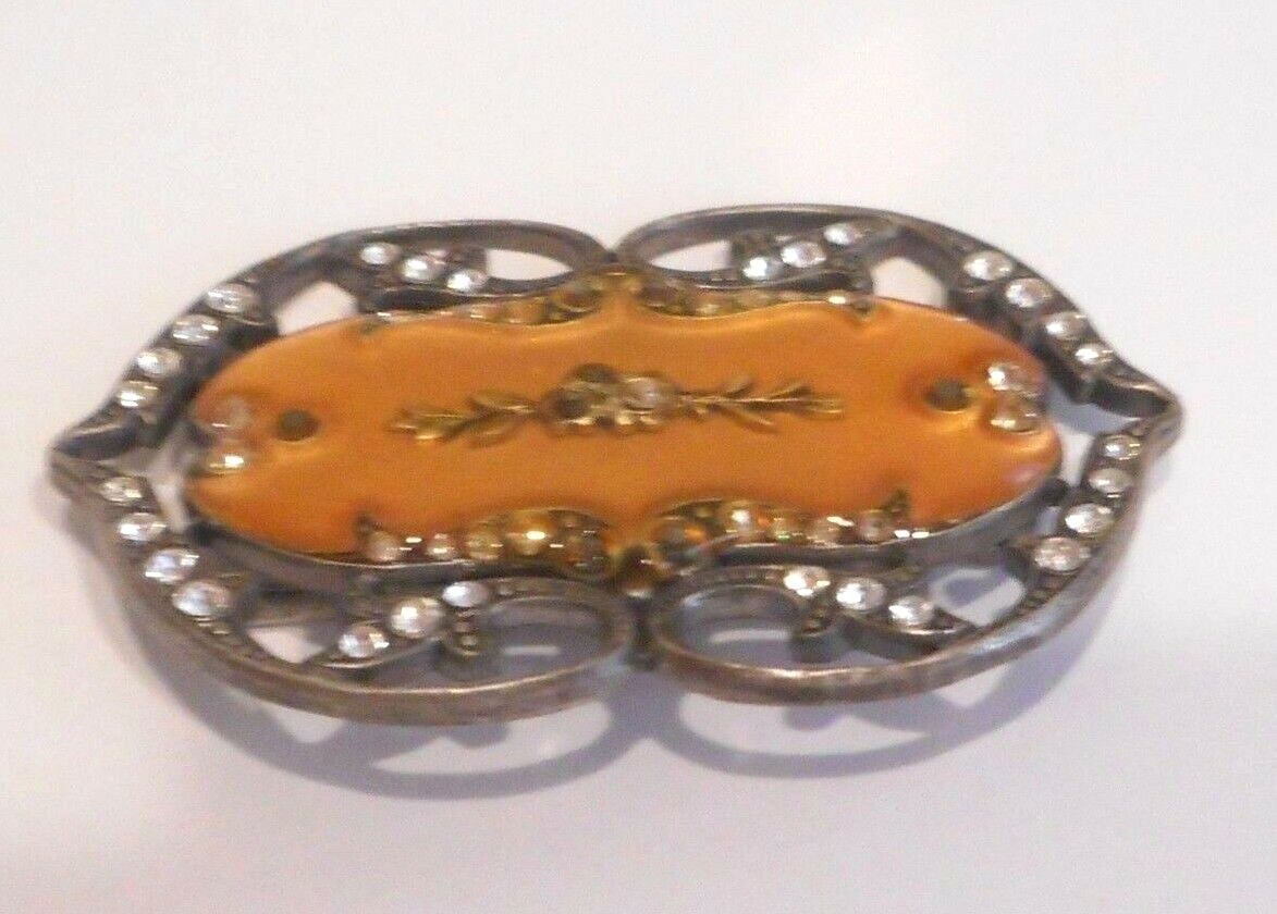 Vtg. Victorian Revival Butterscotch Enamel & Crystals Pewter Tone Metal, Brooch