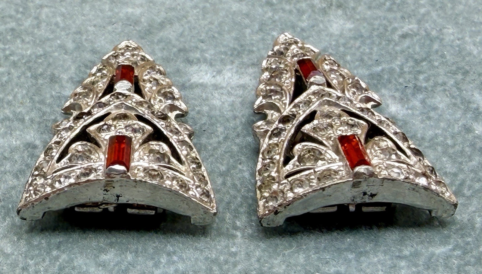 Vintage Art Deco Duette Dress Clip Brooch Red Baguette Rhinestone