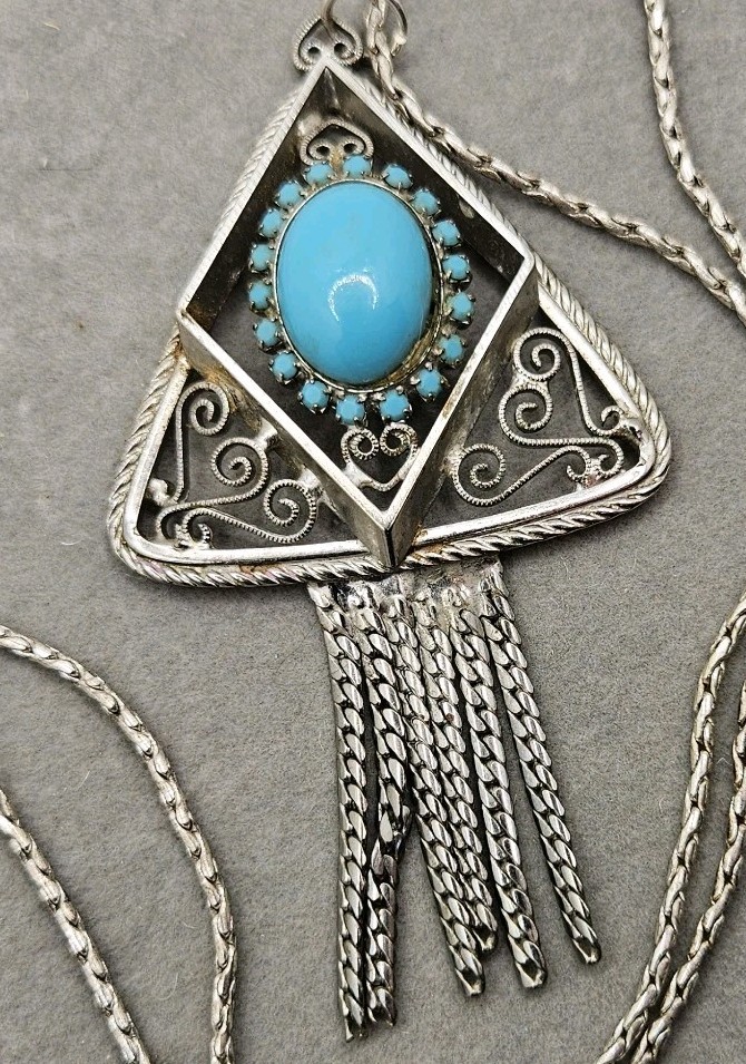 VTG Silver Tone Turquoise Color Large Pendant Wheat Chain Necklace Southwest 16″