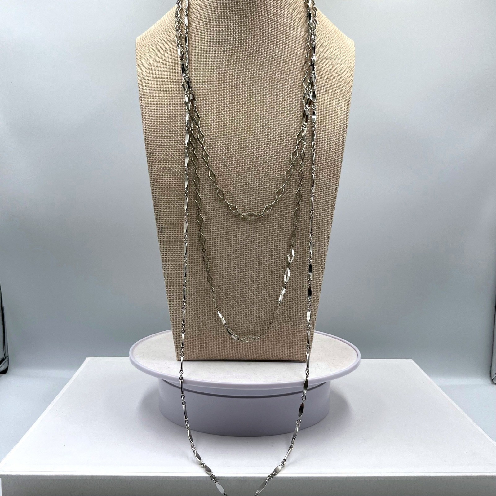 VTG Silver Tone Multi Layered Necklace Geometric Diamond Station Link Long Chain