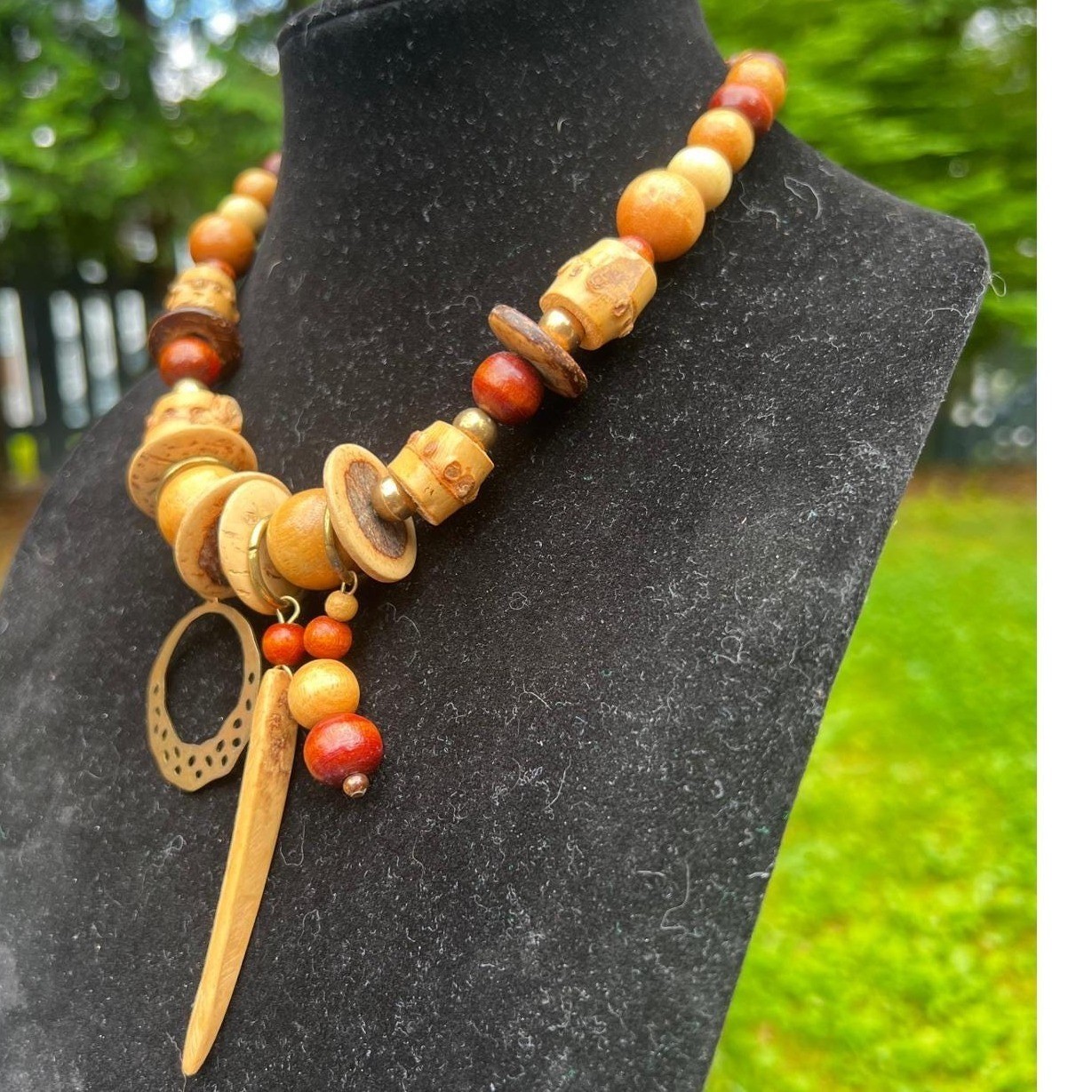 Vtg Boho Wood Beaded Statement Necklace Spike Crescent Charm Earthy Tribal 90s
