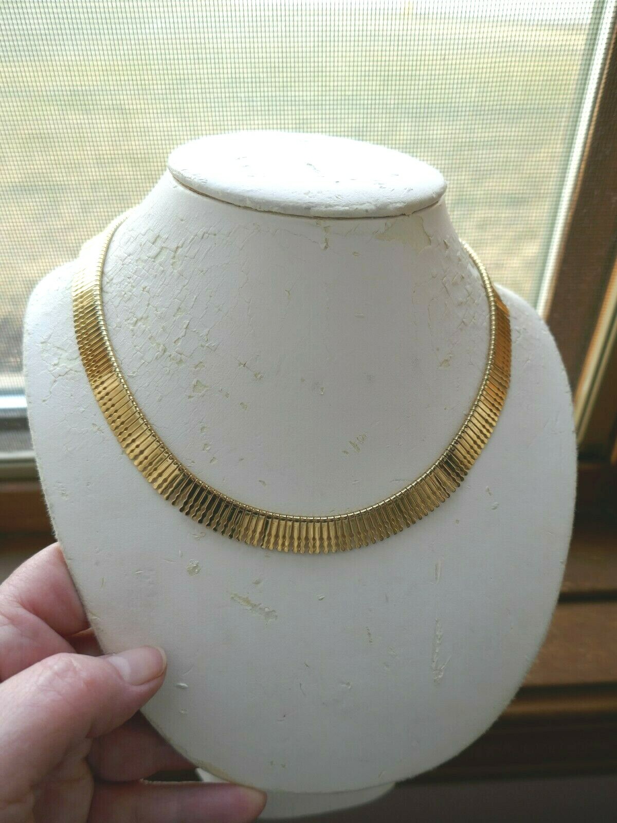 Vintage Gold Tone 10mm Wide Grecian Style 17.5″ Necklace w Spring Ring Clasp