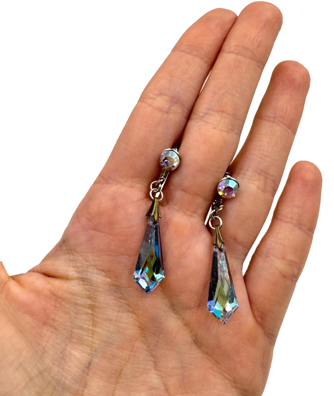 AURORA BOREALIS STELLA CRYSTAL OBELISK GORGEOUS VINTAGE DROP EARRINGS SCREW BACK