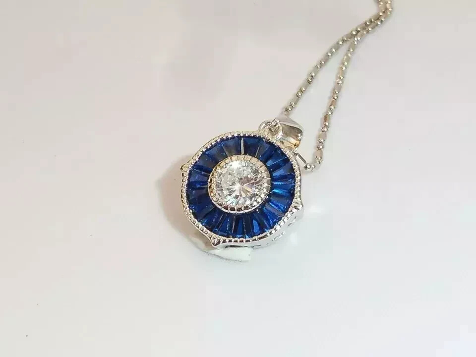 Art Deco Style Lab Created Diamond Sapphire Engagement 14K White Gold FN Pendant