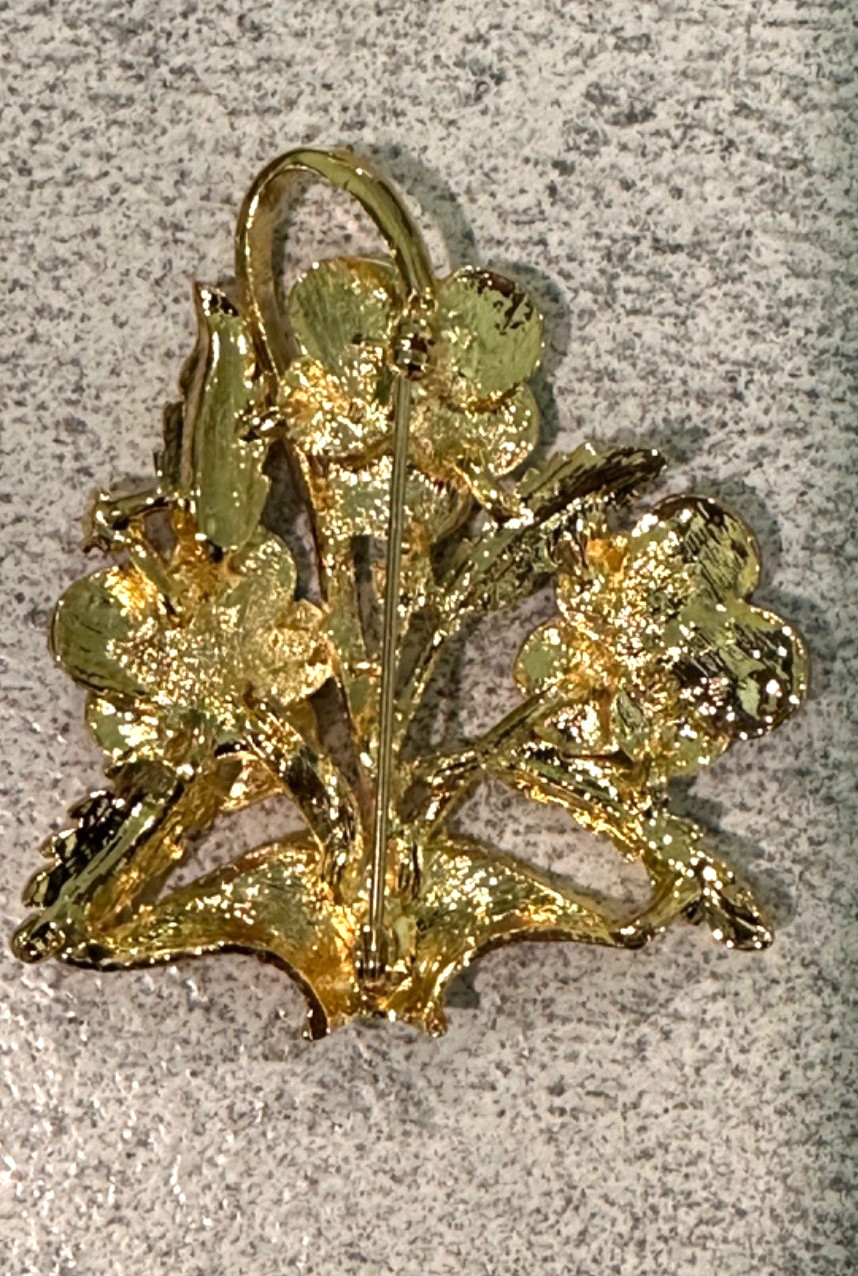 Vintage Guilloche Gold Tone & Enamel Basket of Pansy Flowers Pin Brooch Crystal