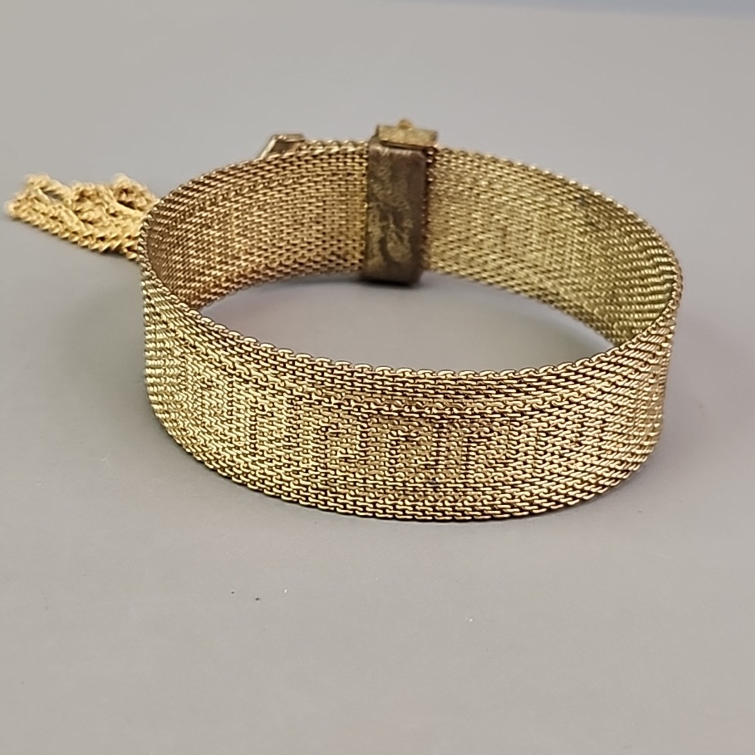 Vintage Mesh Chain Bracelet Victorian Revival Greek Key Tassel Gold Tone 7.25″