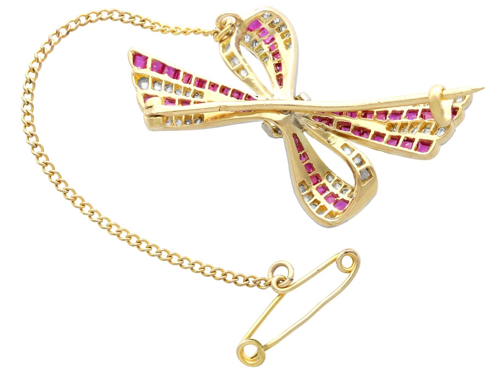Antique 0.78Ct Ruby and 0.40Ct Diamond 18k Yellow Gold Bow Brooch Circa 1910