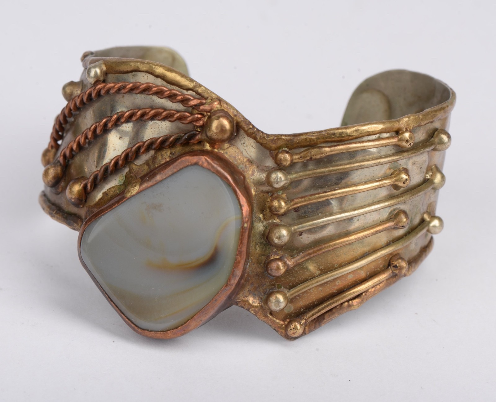 Vintage Mixed Metal Agate Stone Cuff Bracelet Artisan Boho 2.5″