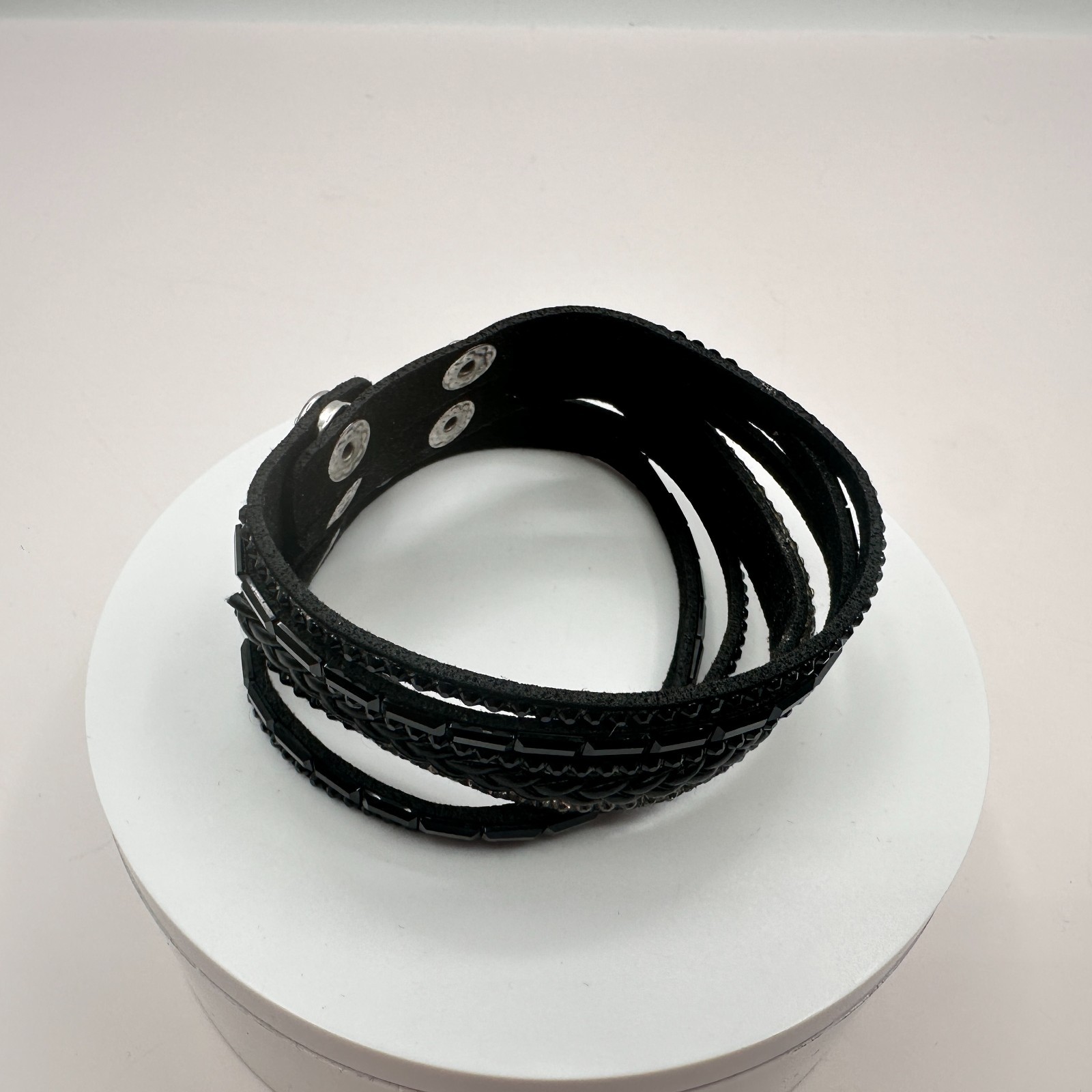 Vintage Y2K Black Leather Glass Rhinestone Wrap Bracelet Silver Tone Jewelry