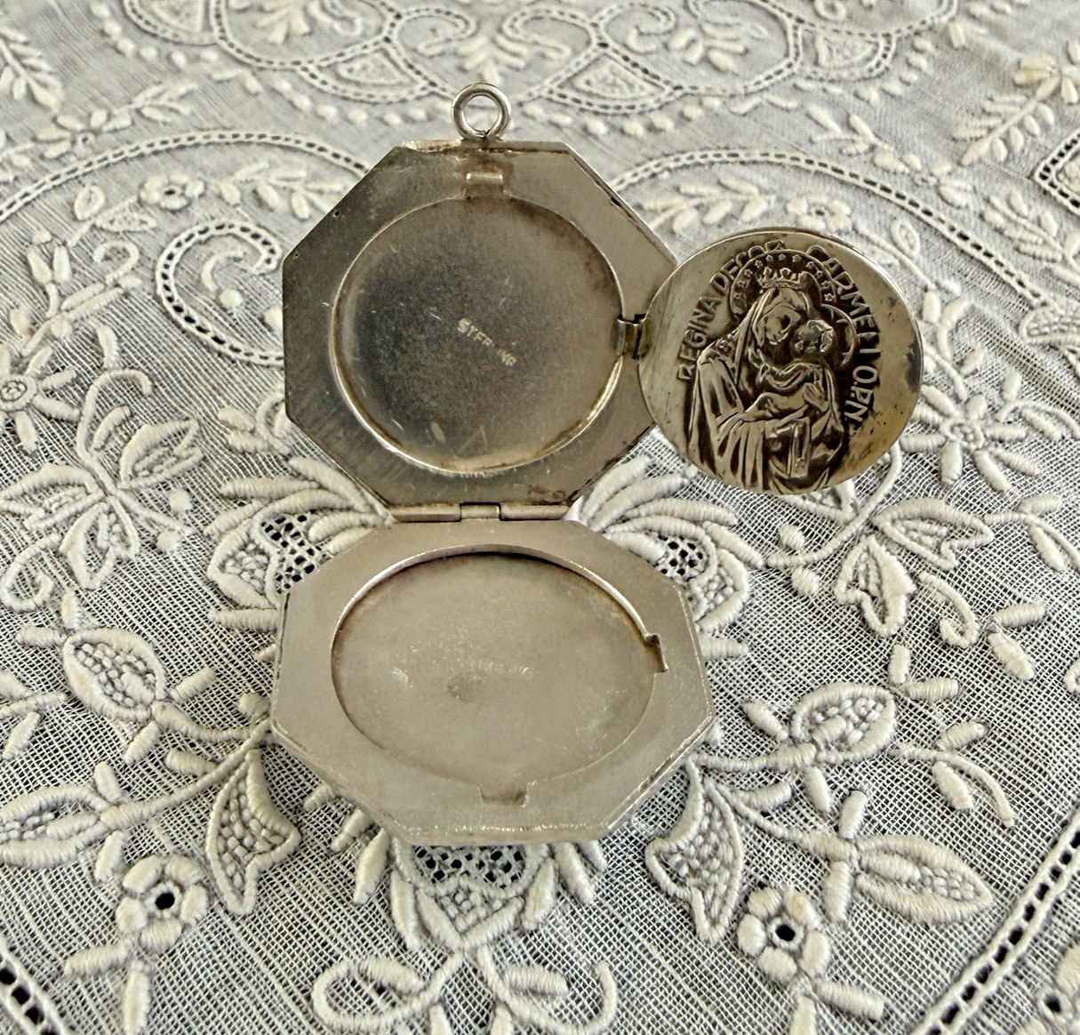 Vintage Art Deco Sterling Guilloche Enamel Religious Sacred Heart Locket Pendant