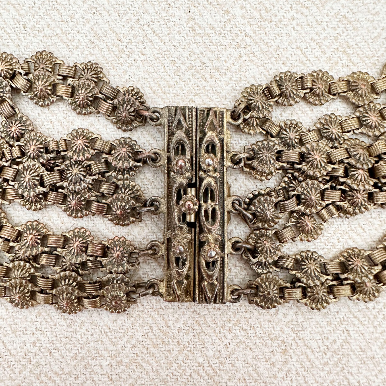 Vintage Brass Multi-Chain Festoon Bib Necklace Estruscan Style from the 1940s