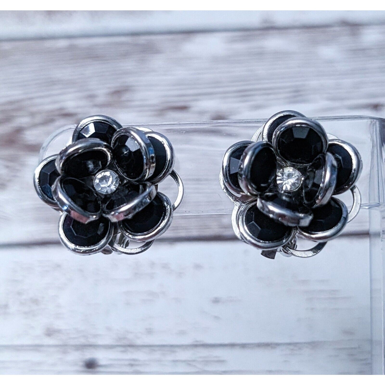 Vintage Clip On Earrings – Black & Silver Tone Flower with Clear Gem