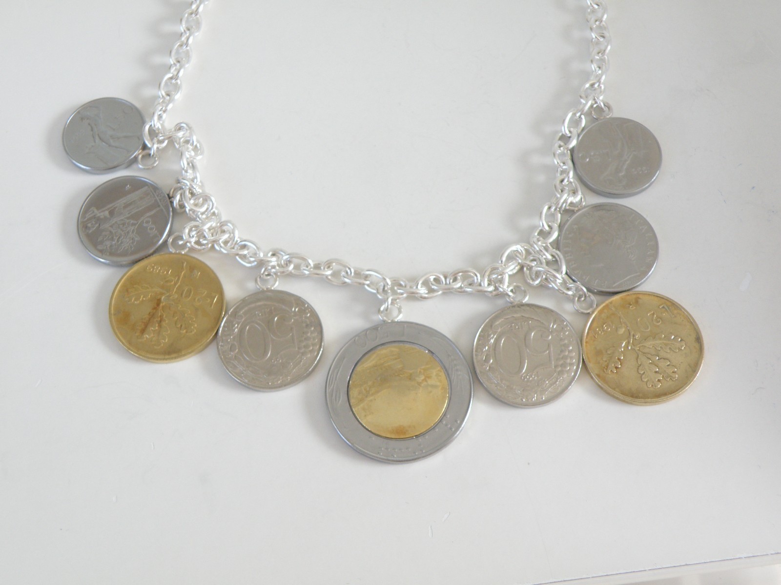 Milor Italy Sterling Silver 925 Italian Coin Charm Rolo Link Heavy Necklace 20″