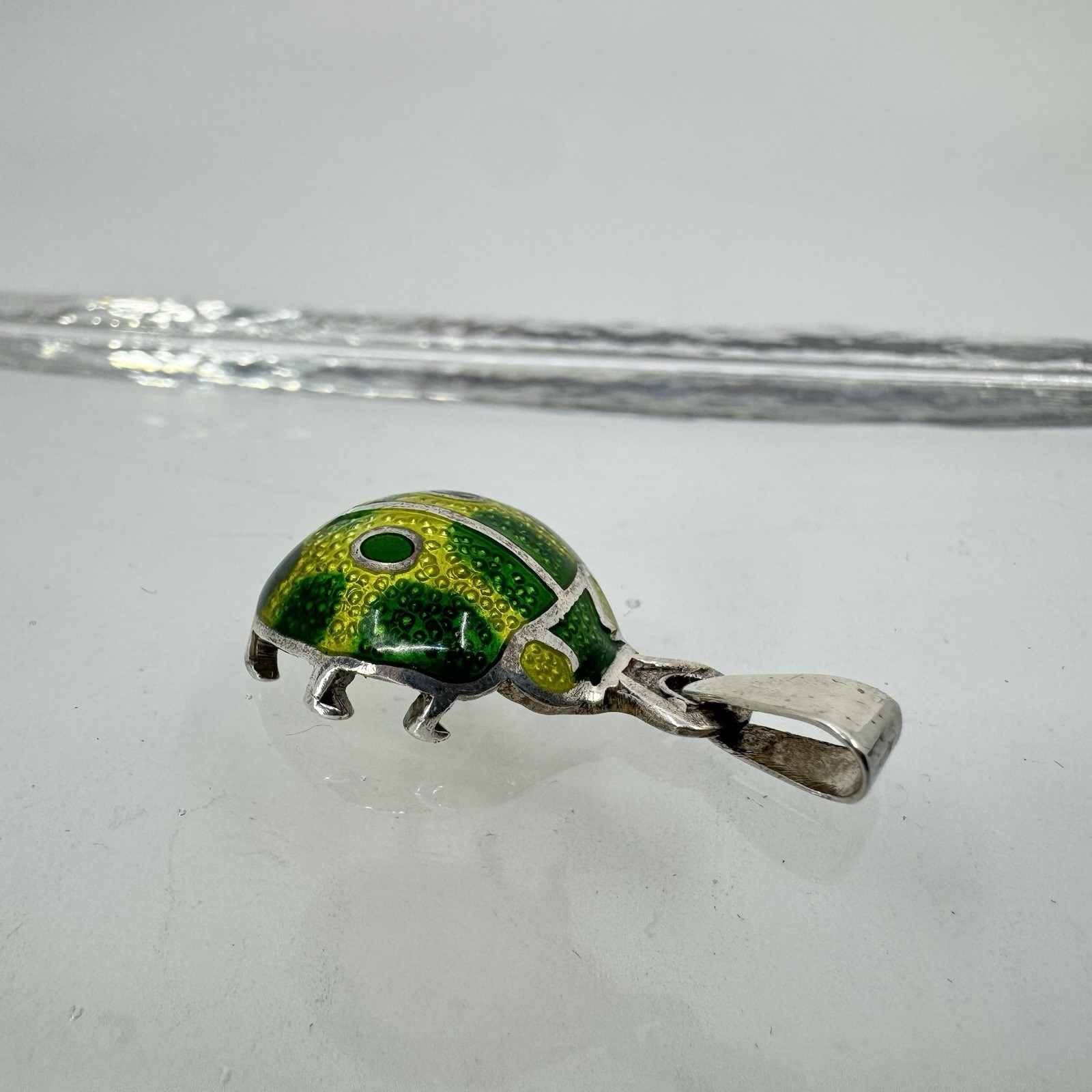 Sterling Silver 980 Bright Green Yellow Beetle Bug Pendant Signed A. Maya Mexico