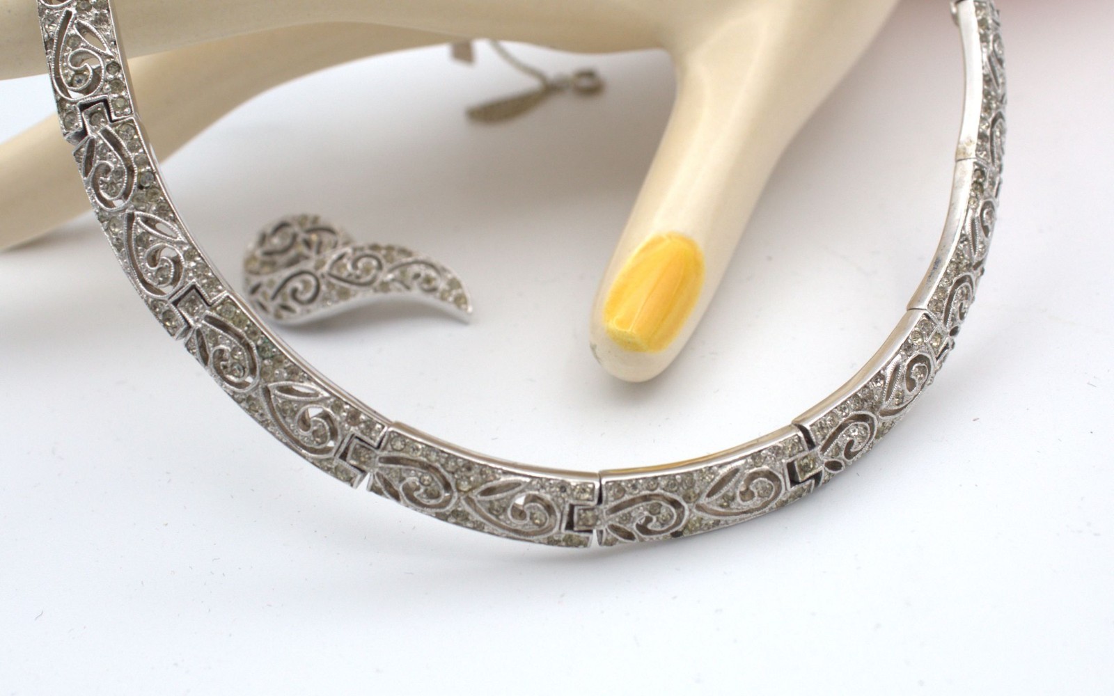 Panetta 1940s Cutout Scroll Rhinestone Necklace Clip Earring Set; Book Reference