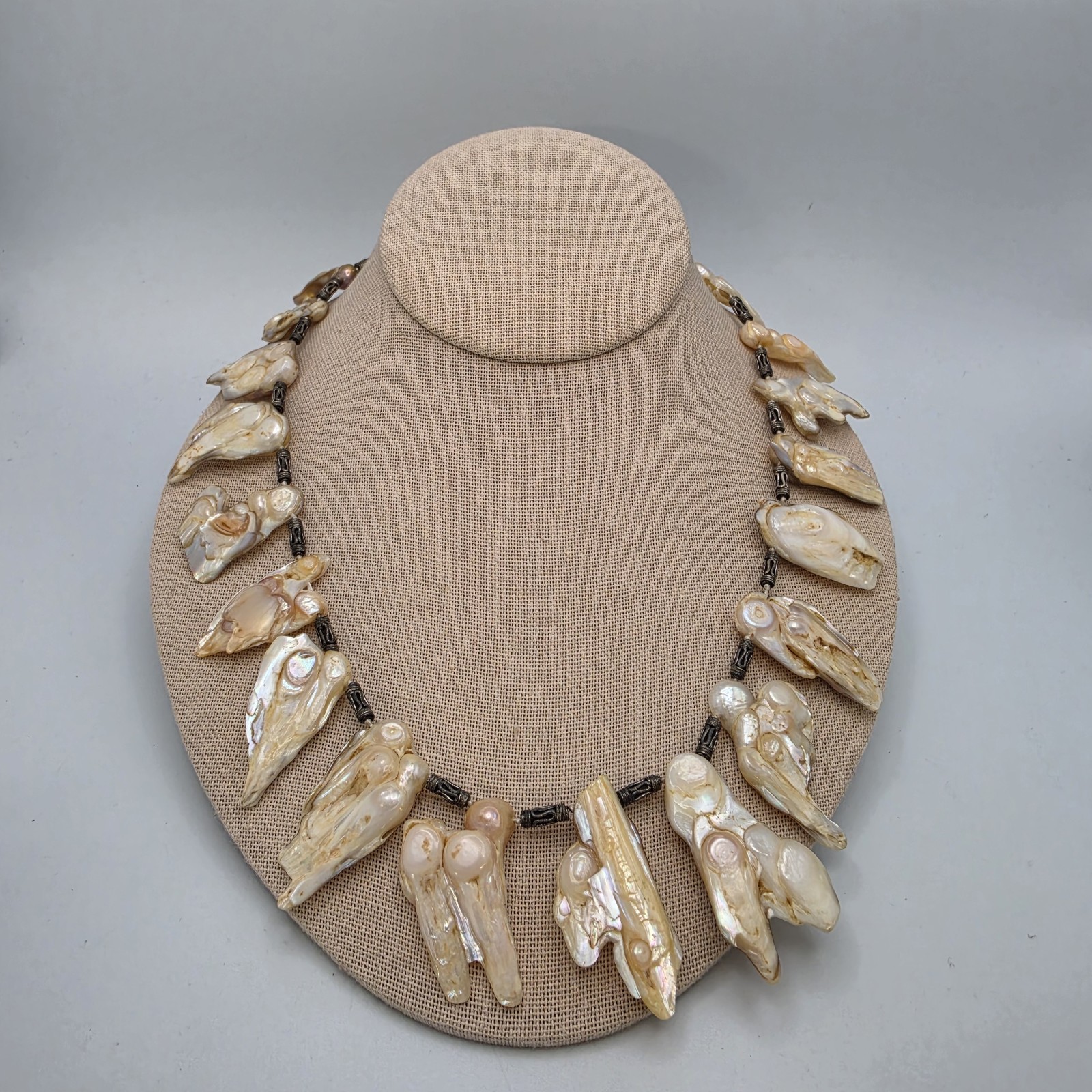 Vtg Blister Pearl Shell Necklace Statement Fringe Sterling Bali Bead