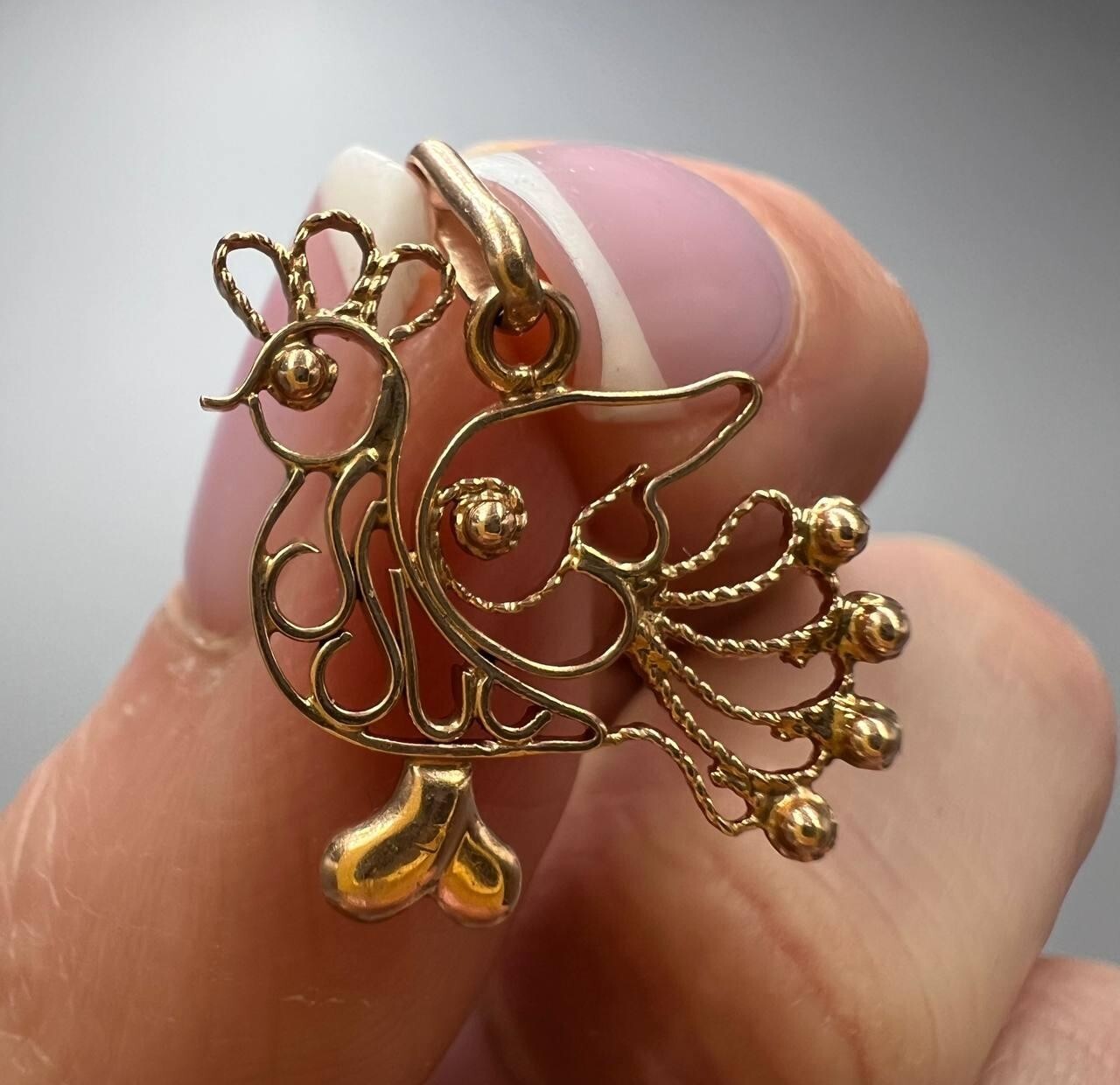 Vintage USSR 14K 583 Rose Gold Filigree Rooster Pendant 0.78in Jewelry Gift