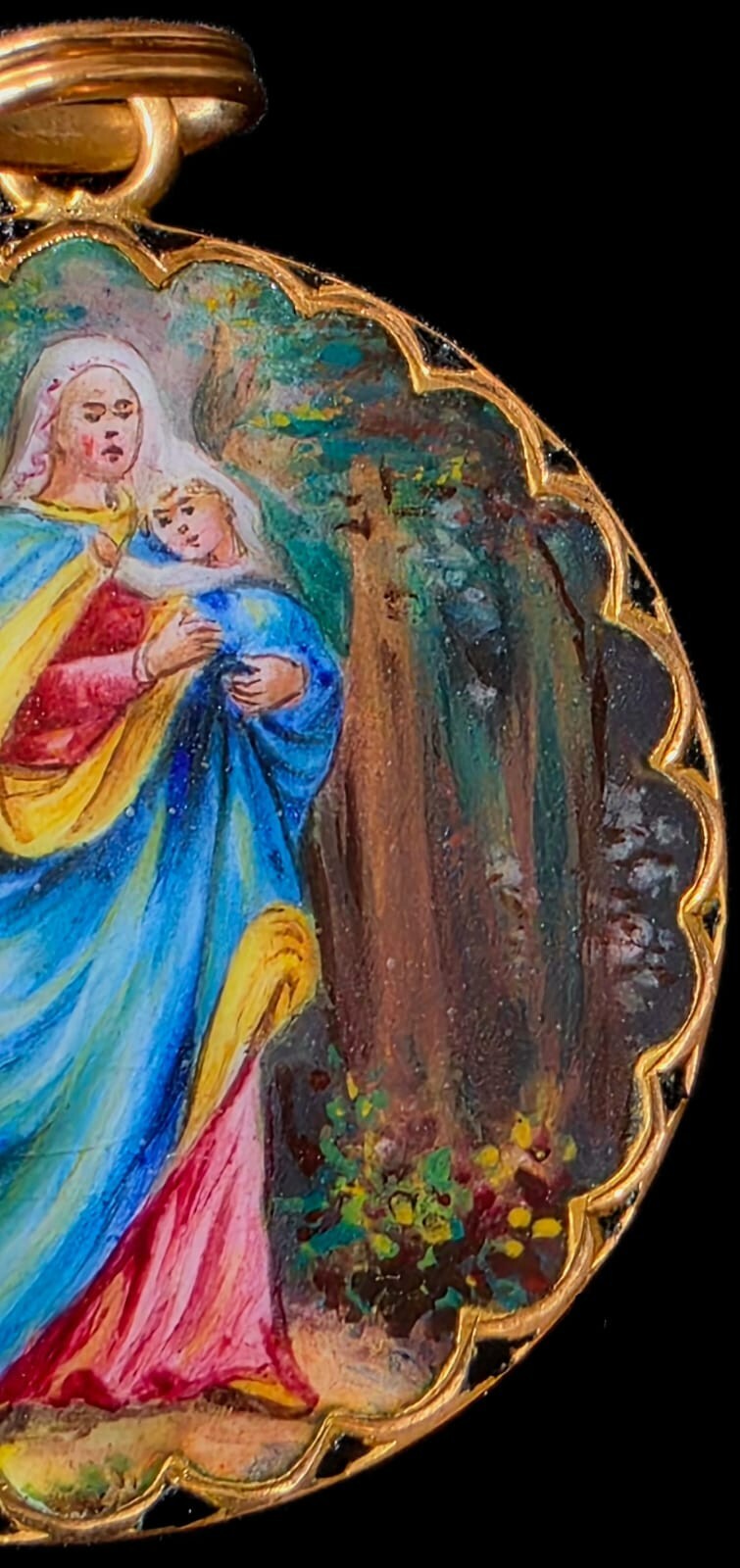 Fine Antique European Art Nouveau 18K Gold Enamel Madonna Medal Pendant Ca 1900