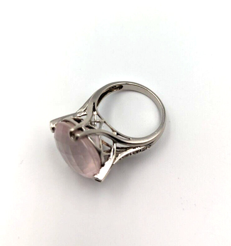 Sterling Silver 925 Checkerboard Cut Pink Chalcedony Clear Topaz Ring Sz 6
