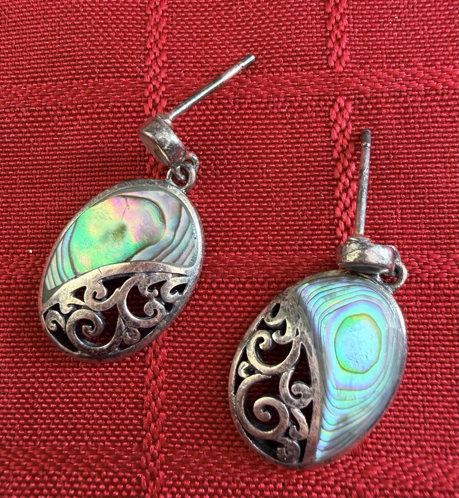 Vtg 925 Sterling Thailand Abalone Paua Shell Filigree Dangle Earrings