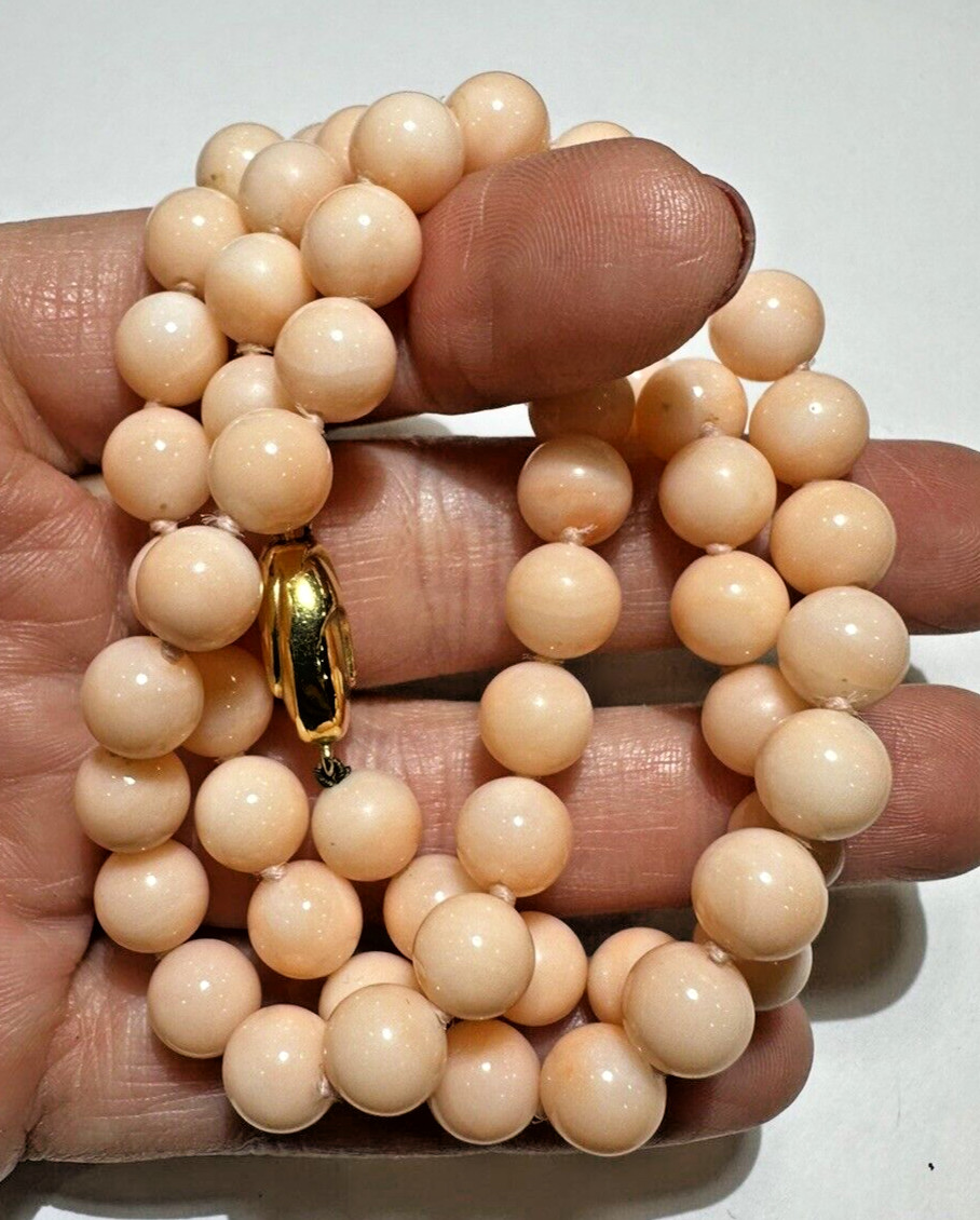 Vintage JKa Natural Carved Pink Angel Skin Coral 39g 9K Gold 8mm Necklace 4h 5