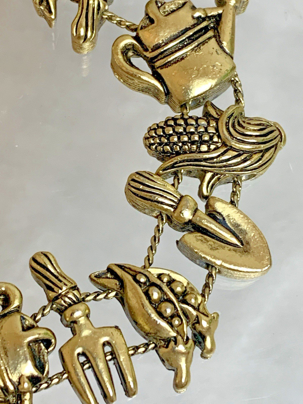 Vintage Gold Tone Gardening Slide Charm Bracelet Vegetable Harvest Garden Theme