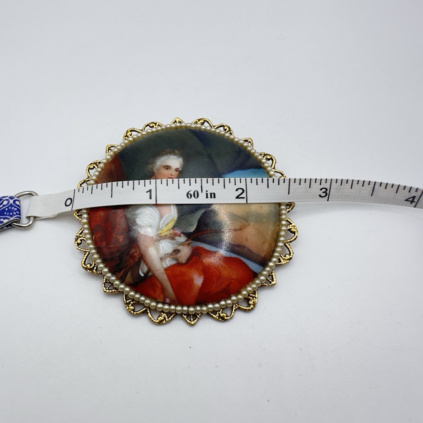 Vintage Porcelain Portrait Brooch Pendant Victorian Revival Faux Pearl Filigree