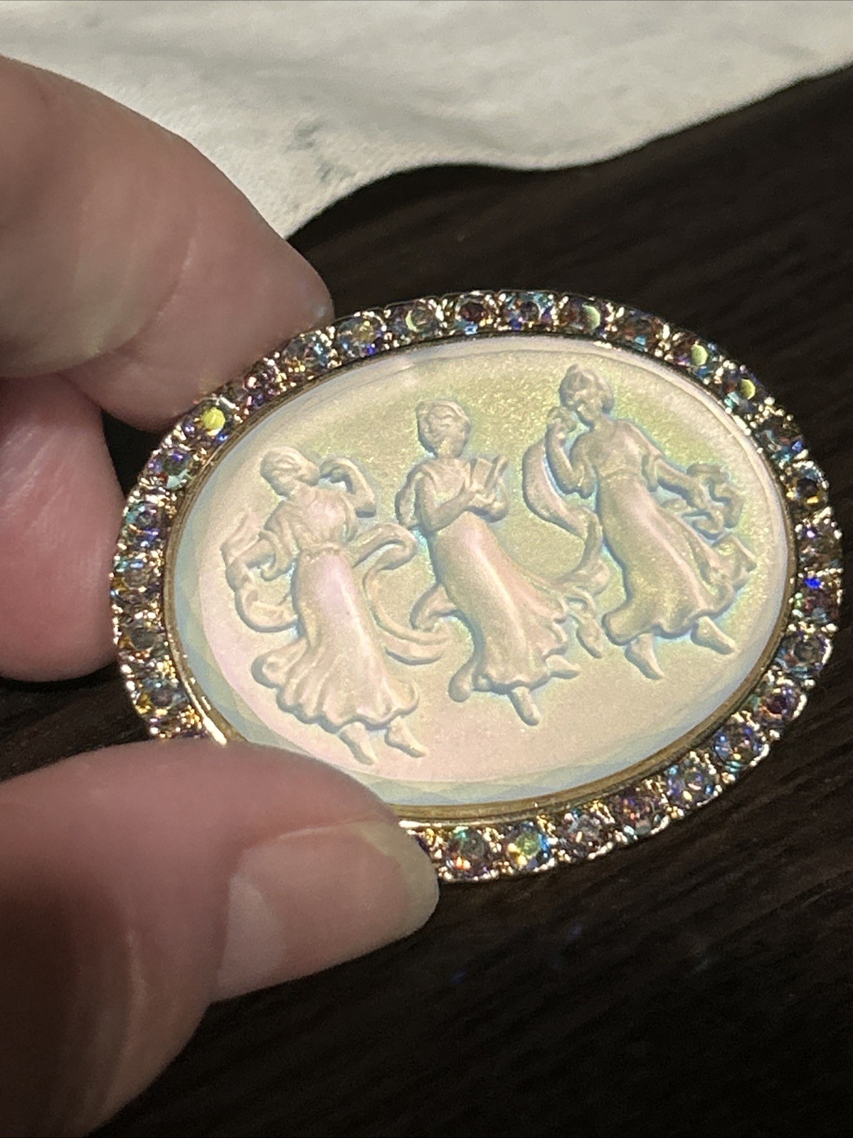 Vintage Kirk’s Folly Camphor Iridescent Glass 3 Dancing Maidens Brooch AB Stones