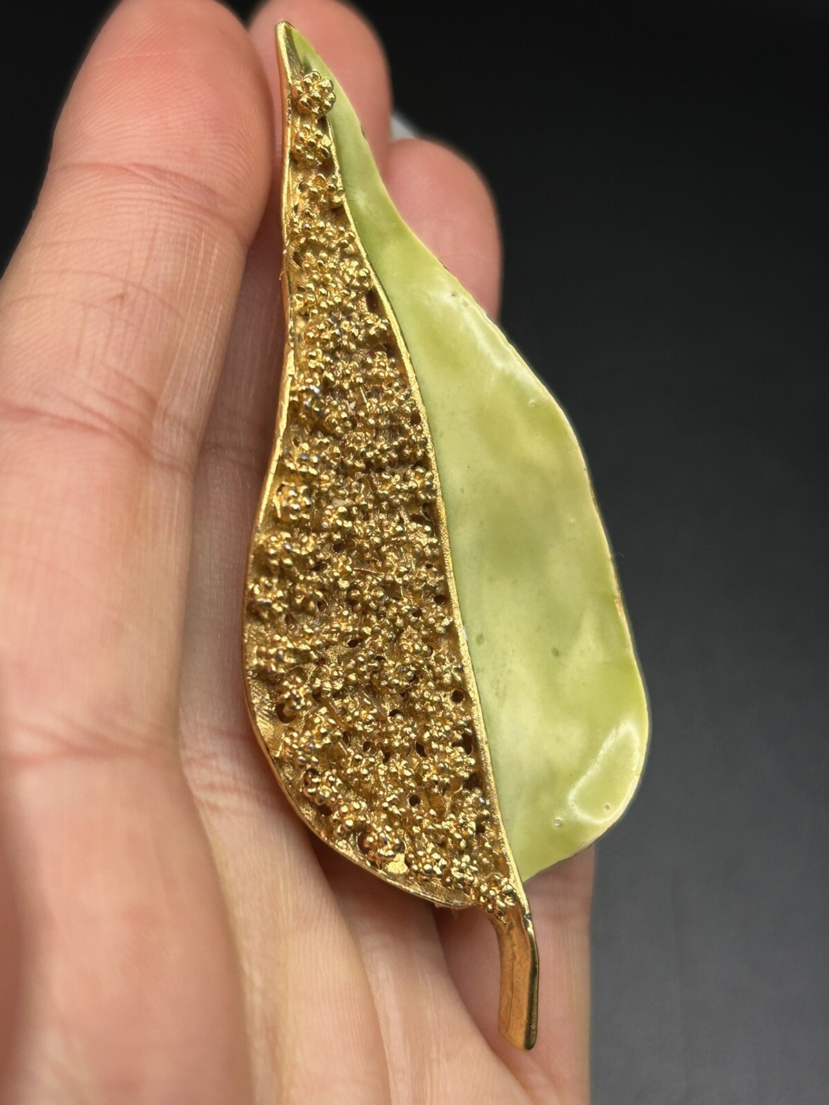 Vintage BSK Lime Green Enamel Leaf Brooch & Clip On Earrings Set