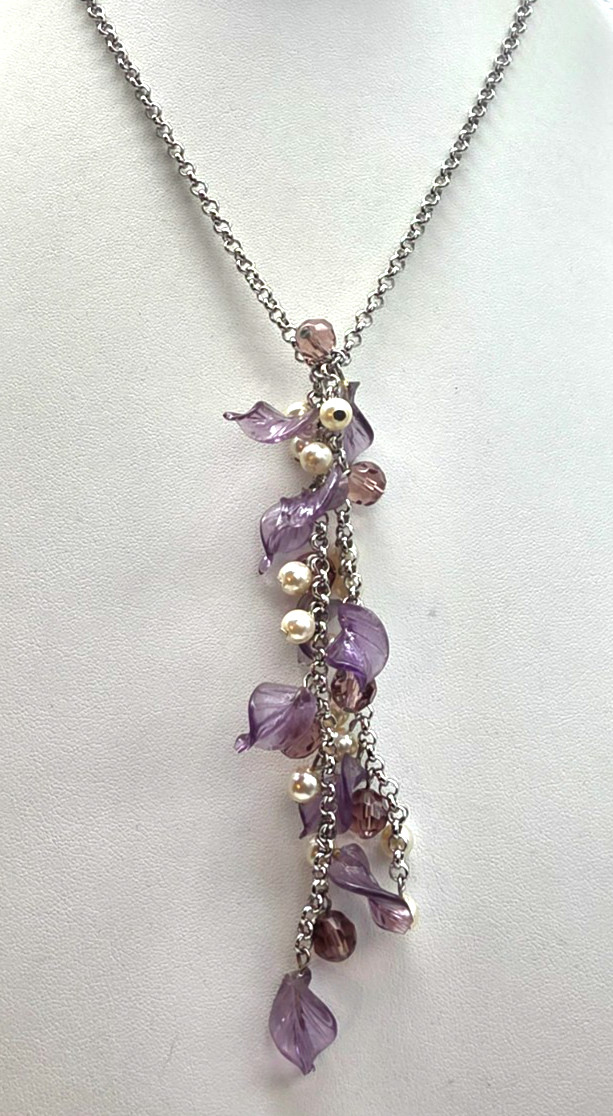 Purple Crystal Acrylic Leaf Faux Pearl Bead Dangle Chain Necklace Vintage