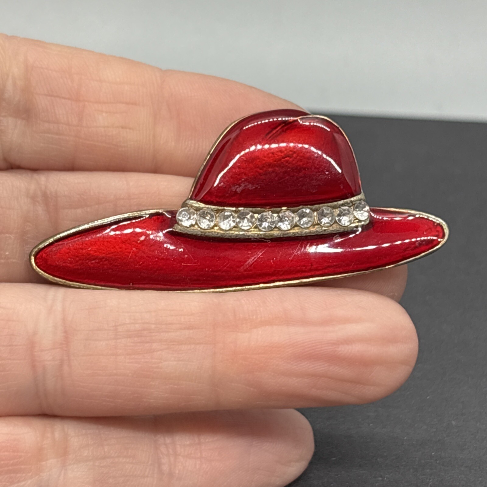 Vintage Gold Tone Red Hat Brooch with Crystal Band