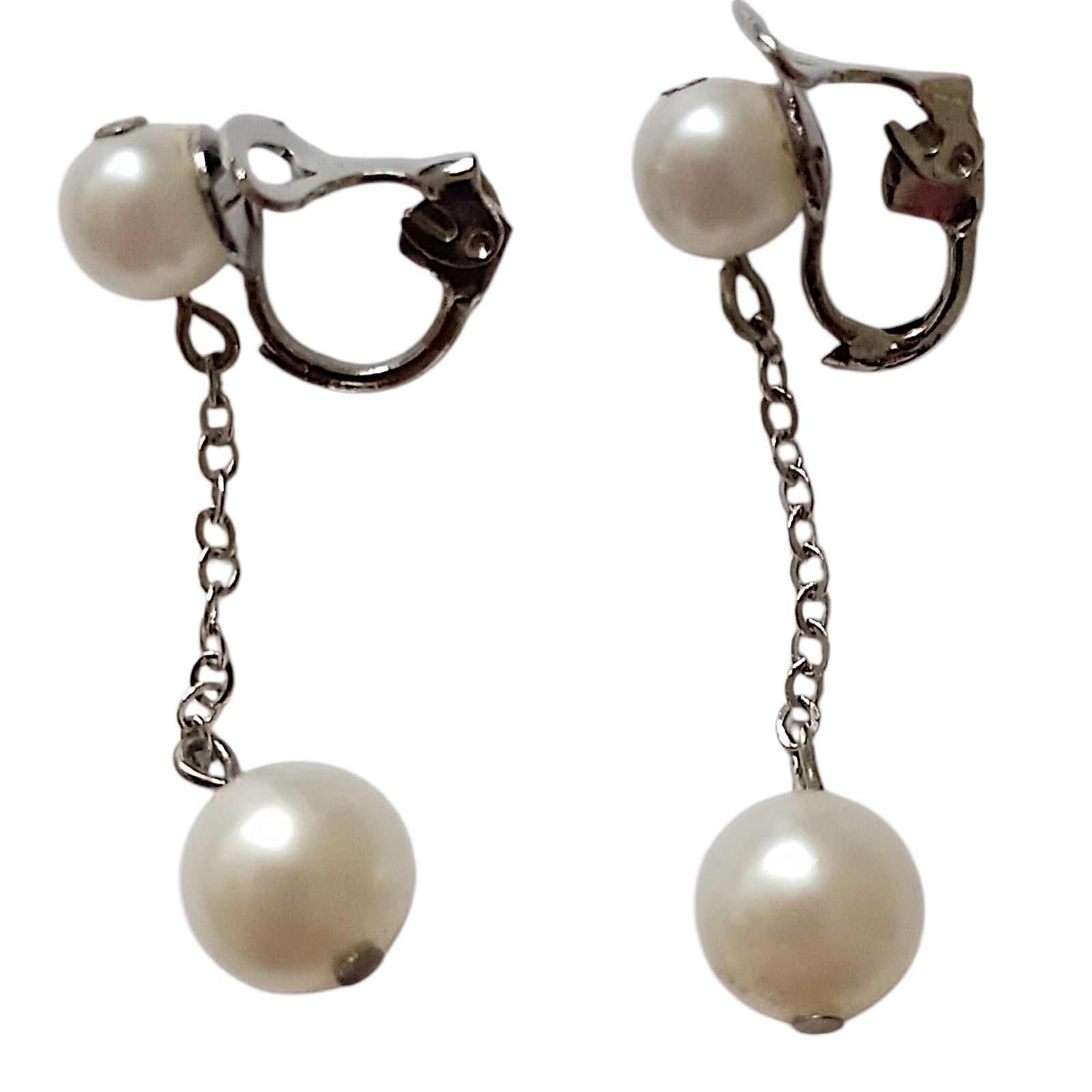 Vintage Faux Pearl Chain Dangle Earrings Dainty Delicate Silver Tone Elegant