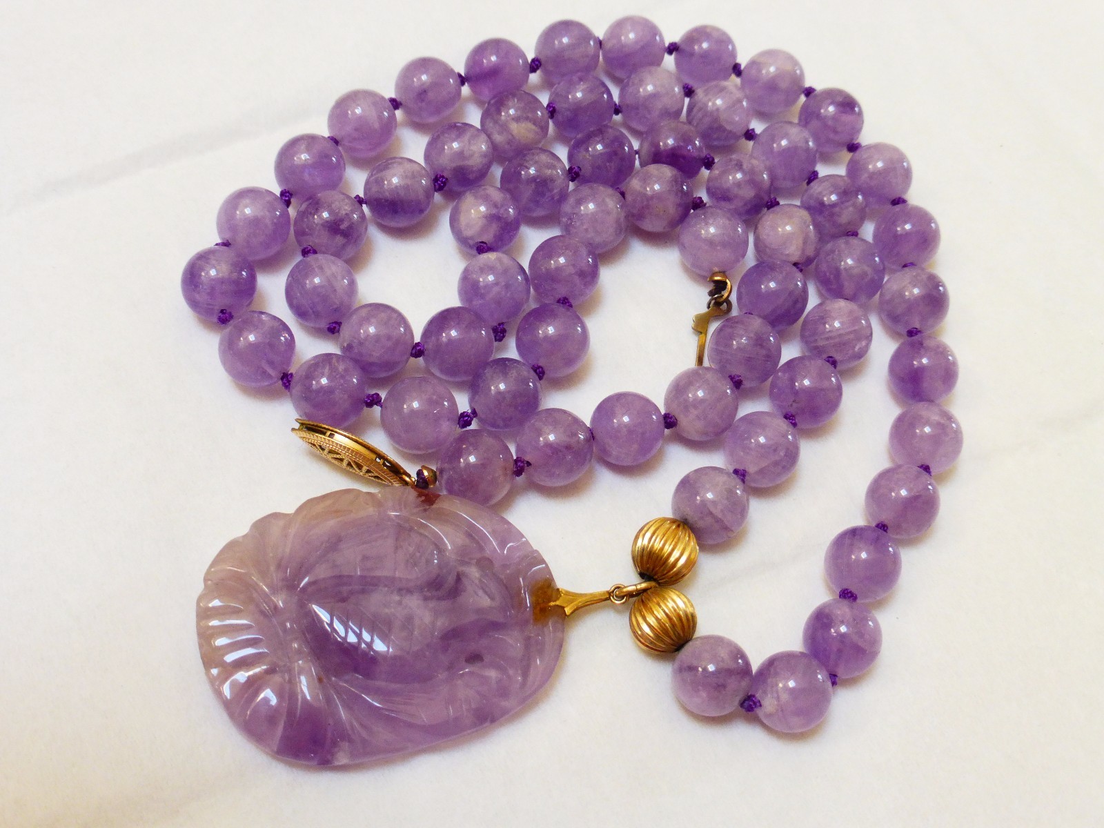 VINTAGE AMETHYST BEAD NECKLACE PENDANT 14kgf